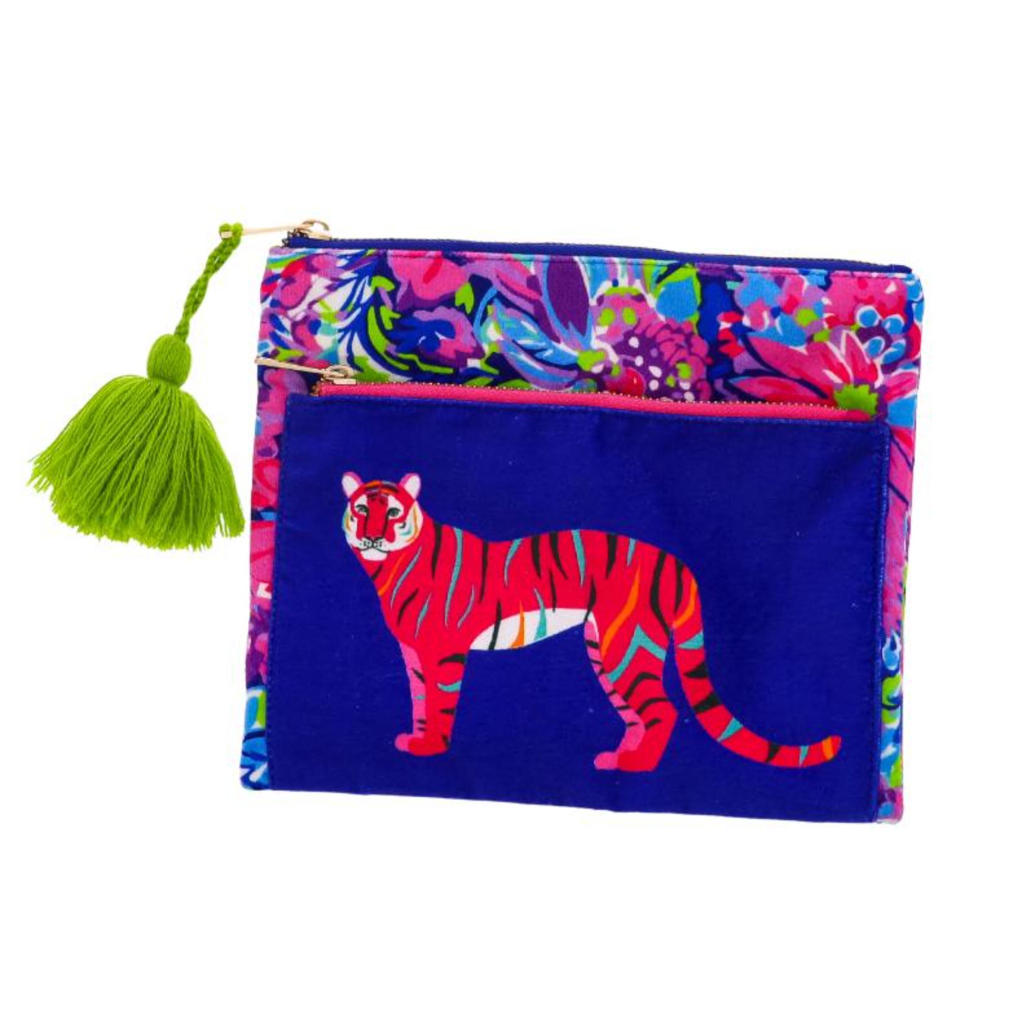 Tiger & Floral Dual Zipper Pouch